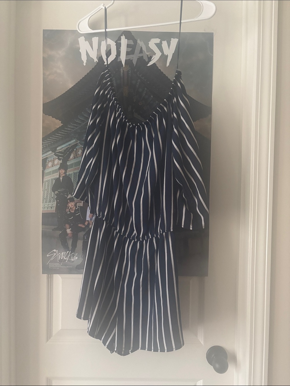 Ambiance Navy and White Striped Off-Shoulder Romper
